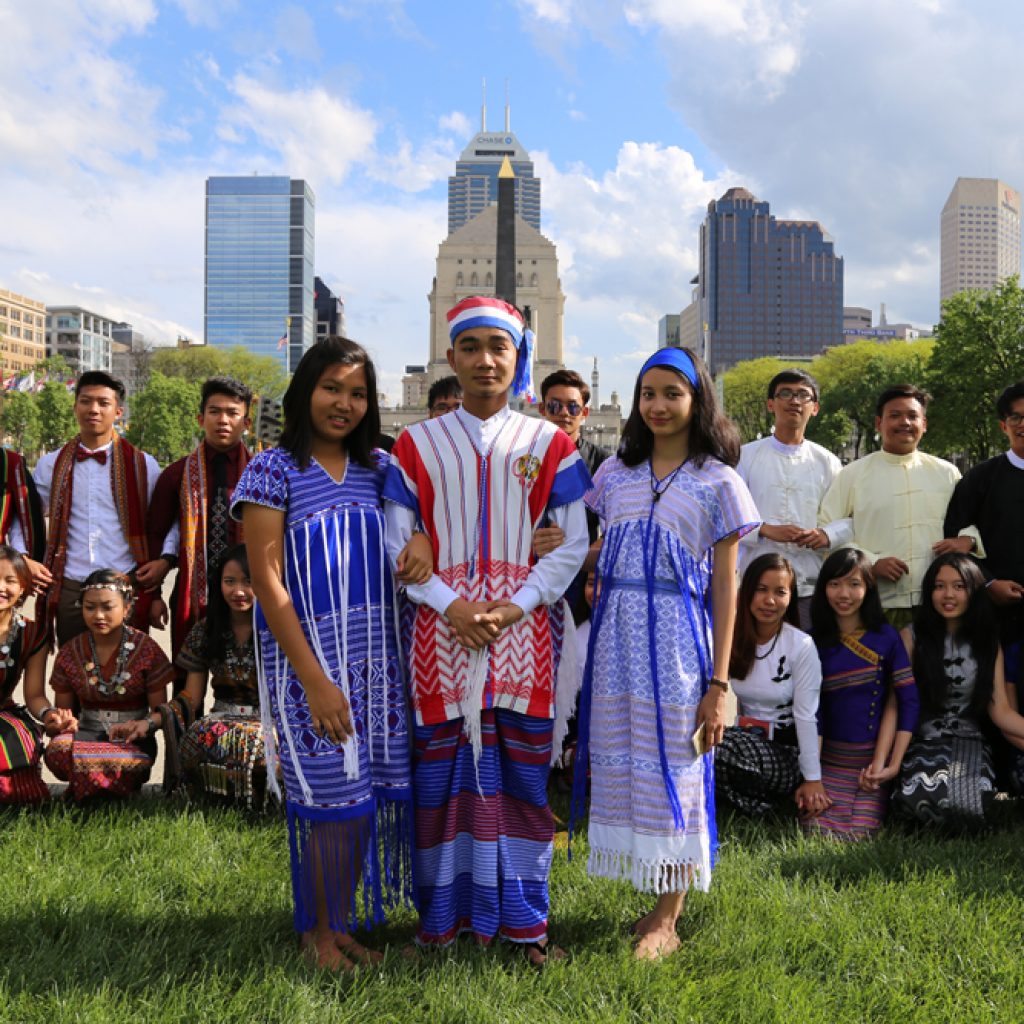 Participants of BACI Upward College Program and YLPB2016 posed together in traditional dress at Downtown Indy