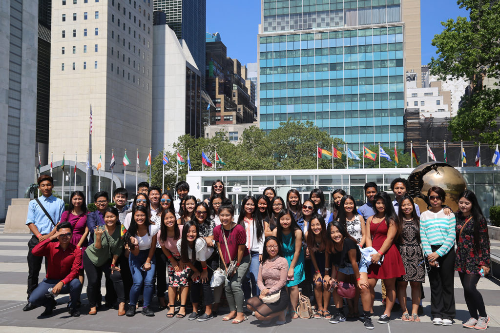  Summer Scholars on Education and Leadership trip to New York City in 2017; pictured in front of the United Nations building